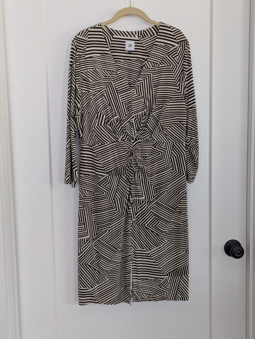 Cabi Manhattan Dress L Fall 2023 Brown Ivory Stripe Geometric Twist Front